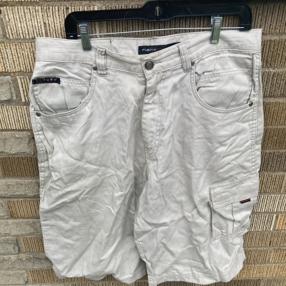FUBU Shorts Mens 34 Beige Denim Cargo Jeans‎ Baggy Street Wear Hip Hop Y2K